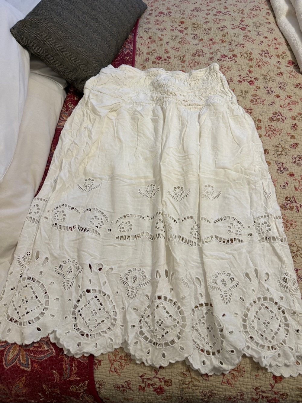 White Eyelet Tiered Maxi Skirt with Drawstring Waist - Picture 2 of 8